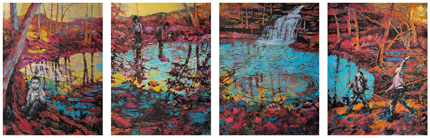 Colorful Lakeside Quadruptych 1-4, 2025, oil on canvas, each 48x36 inches